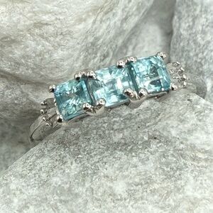 Cambodian Blue Zircon Diamond Ring Rhodium Sterling Silver 1.70 CTW NWT